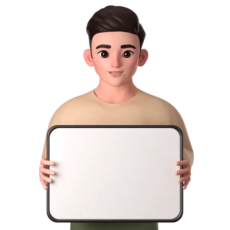 Hombre joven sosteniendo una gran tableta blanca con ambas manos para promover  3D Illustration