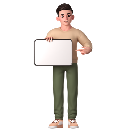Hombre joven sosteniendo una gran tableta digital blanca con la mano derecha y la mano izquierda apuntando a promover  3D Illustration