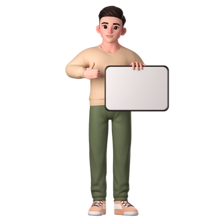 Hombre joven sosteniendo una tableta blanca con la mano derecha y la mano izquierda mostrando los pulgares hacia arriba  3D Illustration