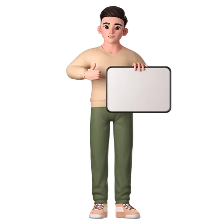 Hombre joven sosteniendo una tableta blanca con la mano derecha y la mano izquierda mostrando los pulgares hacia arriba  3D Illustration