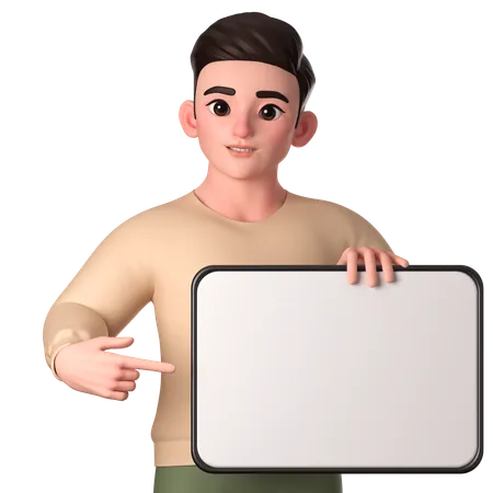 Hombre joven sosteniendo una tableta blanca con la mano izquierda y la derecha apuntando  3D Illustration