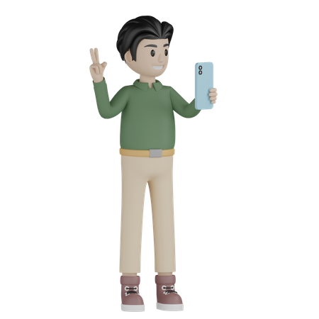 Joven tomando selfie usando móvil  3D Illustration