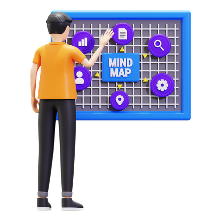 Joven trabajando en mapas mentales  3D Illustration