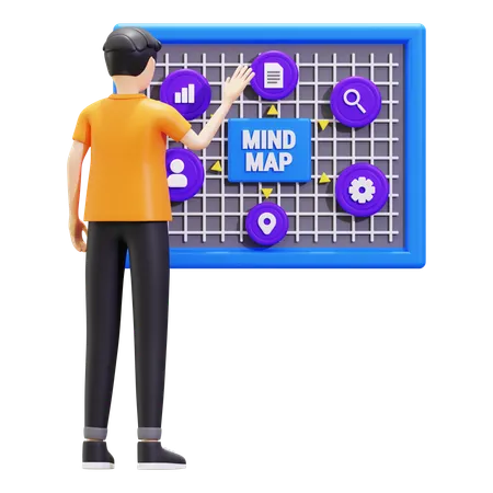 Joven trabajando en mapas mentales  3D Illustration