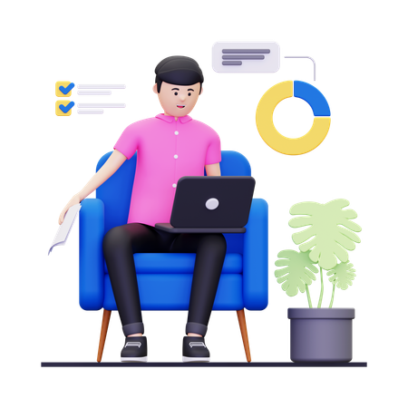 Joven trabajando en una computadora portátil y haciendo un informe analítico  3D Icon