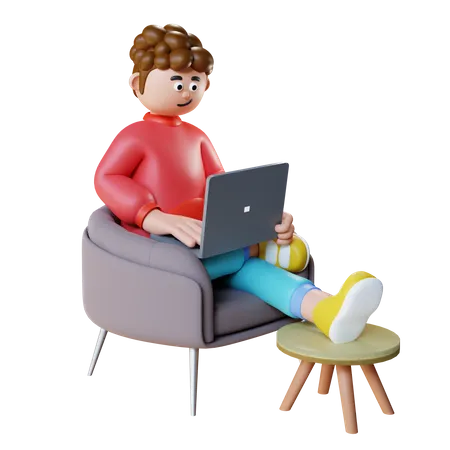 Joven trabajando en el ordenador portátil y sentado en el sofá  3D Illustration