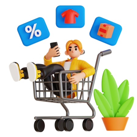 Joven tumbado en un carrito de la compra mientras hace compras online  3D Icon