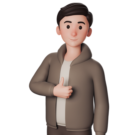 Joven vestido de marrón mostrando los pulgares hacia arriba con la mano izquierda  3D Icon