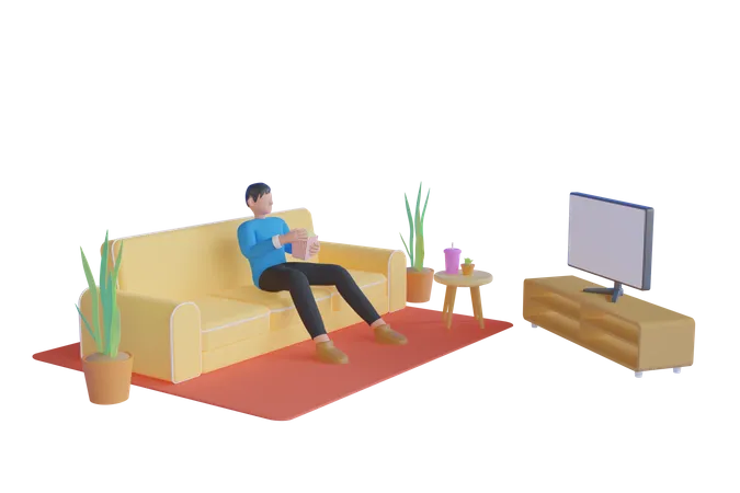 Joven Viendo Una Pelicula Con Palomitas De Maiz Personaje De Dibujos Animados En 3 D Un Joven Sentado Viendo Una Pelicula Quiere Divertirse En Casa Renderizado 3 D 3D Illustration