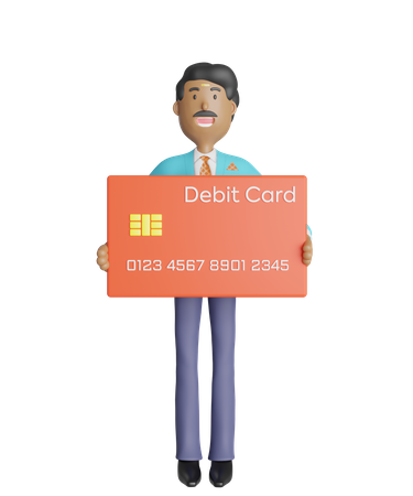 Joyful south Indian businessman standing and holding debit card 3D Illustration
