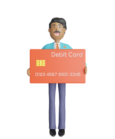 Joyful south Indian businessman standing and holding debit card  3D Illustration