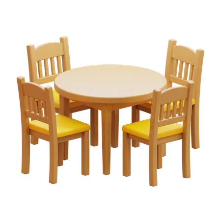 Juego de comedor de madera con mesa redonda  3D Icon