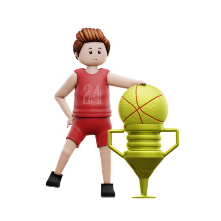 Jugador de baloncesto de pie con trofeo de campeón  3D Illustration