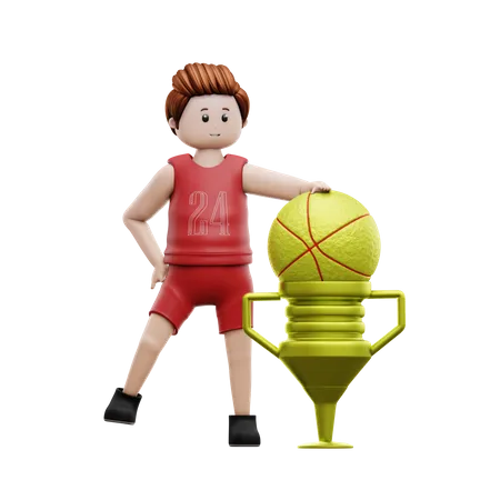 Jugador de baloncesto de pie con trofeo de campeón  3D Illustration