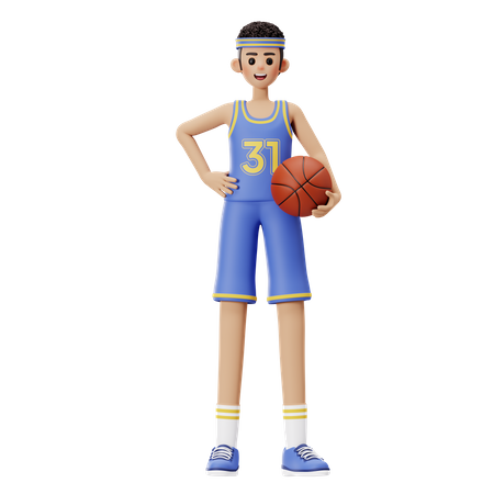 Jugador De Baloncesto De Pie Sosteniendo Una Pelota De Baloncesto  3D Illustration