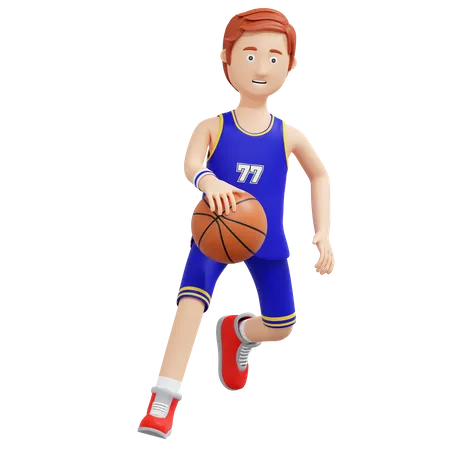 Jugador de baloncesto driblando la pelota mientras corre  3D Illustration