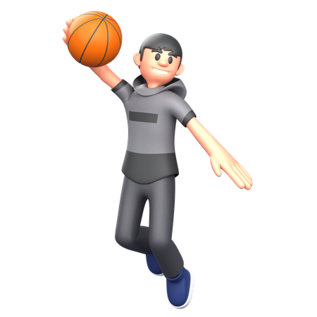 Jugador de baloncesto saltando con pelota de baloncesto  3D Illustration