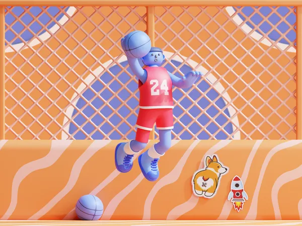 Jugador de baloncesto saltando hacia la portería  3D Illustration