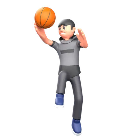 Jugador de baloncesto saltando y jugando al baloncesto.  3D Illustration