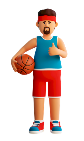 El jugador de baloncesto se para con la pelota y muestra los pulgares hacia arriba  3D Illustration