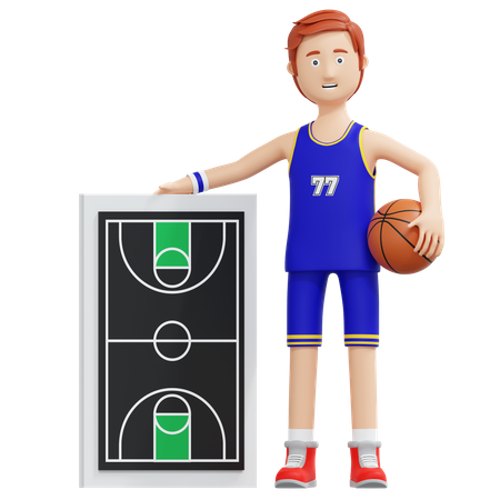 Jugador de baloncesto sosteniendo pelota y tablero de estrategia  3D Illustration