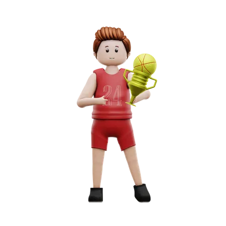 Jugador de baloncesto sosteniendo trofeo de baloncesto  3D Illustration