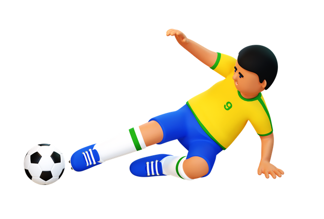 El jugador de fútbol hace una entrada deslizante en el juego.  3D Illustration