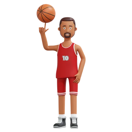 Jugador profesional de baloncesto sosteniendo la pelota con la punta del dedo  3D Illustration