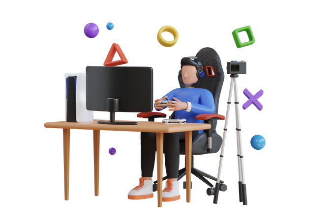 Jugador profesional sentado en una silla de juego y haciendo transmisión en vivo  3D Illustration