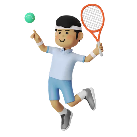 Jumping Smash Tennis Player Boy  3D Illustration