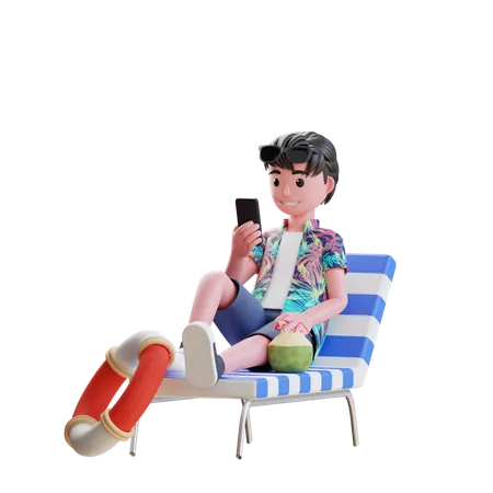 Junge benutzt Handy, während er auf einem Strandkorb sitzt  3D Illustration