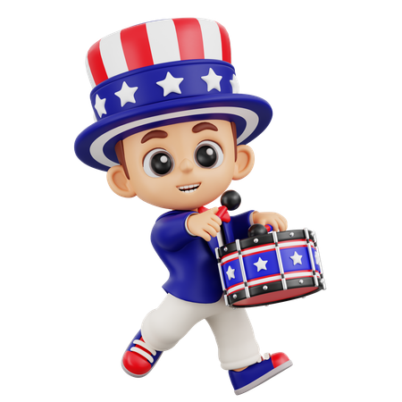 Junge bringt patriotische Trommel  3D Illustration