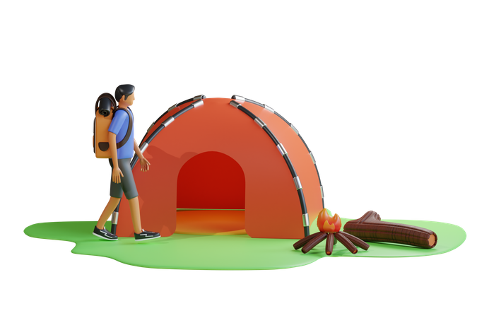 Junge kampiert in der Nähe eines Campingplatzes  3D Illustration