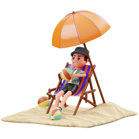 Junge chillt am Strand und hält Wasserball  3D Illustration