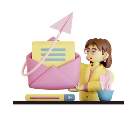 Junge Dame schickt eine E-Mail  3D Illustration