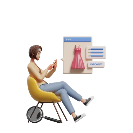 Junge Dame sitzt auf einem Stuhl und wählt Produkte zum Kauf aus  3D Illustration