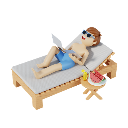Junge entspannt am Strand auf Stuhl  3D Illustration
