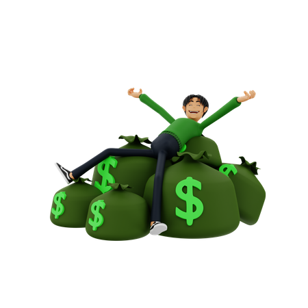 Junge entspannt sich auf Geldsäcken  3D Illustration