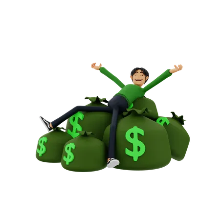 Junge entspannt sich auf Geldsäcken  3D Illustration