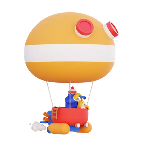 Junge fährt mit Heißluftballon in den Urlaub  3D Illustration