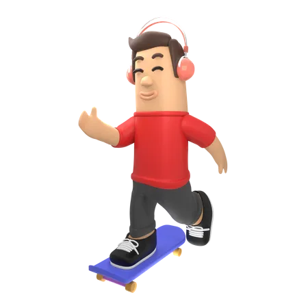 Junge fährt Skateboard und hört Musik  3D Illustration