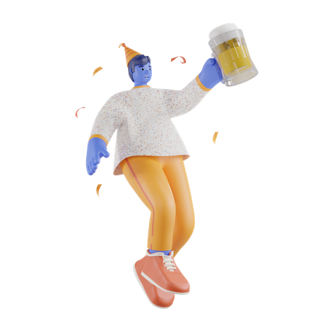 Junge feiert mit einem Glas Bier  3D Illustration