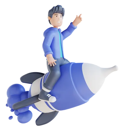 Junge fliegt auf Rakete  3D Illustration
