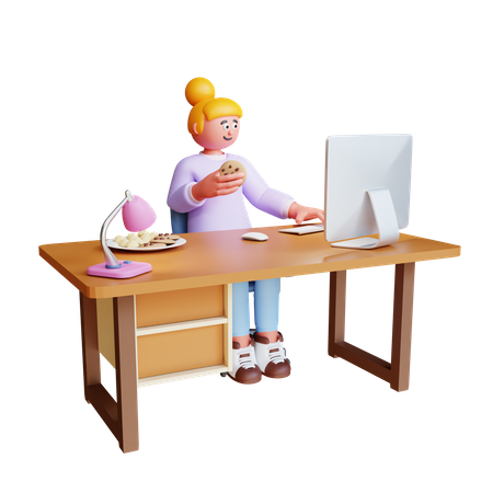 Junge Frau arbeitet am Computer und isst dabei Kekse  3D Illustration