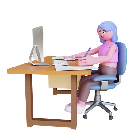 Junge Frau arbeitet im Büro Schreibtisch  3D Illustration