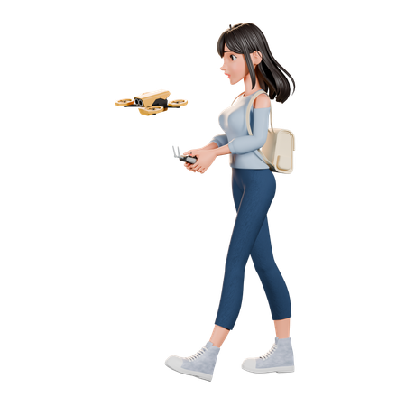 Junge Frau bedient Drohne  3D Illustration