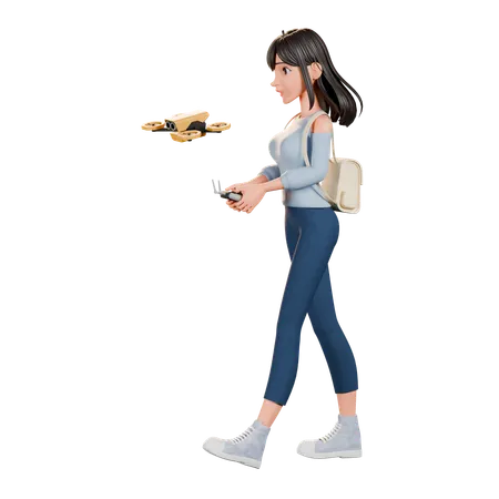 Junge Frau bedient Drohne  3D Illustration