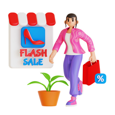 Junge Frau macht Online-Shopping im Flash-Verkauf  3D Illustration