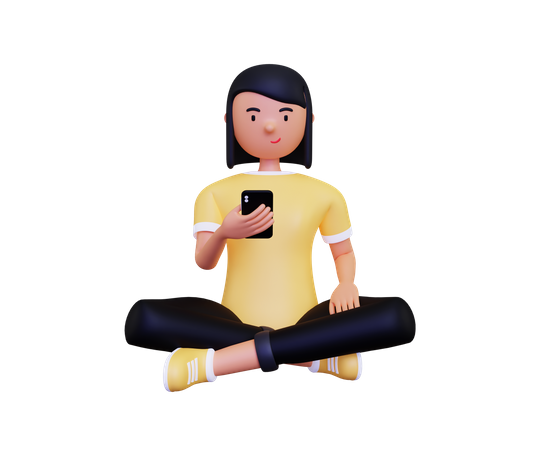 Junge Frau benutzt Handy, während sie auf dem Boden sitzt  3D Illustration
