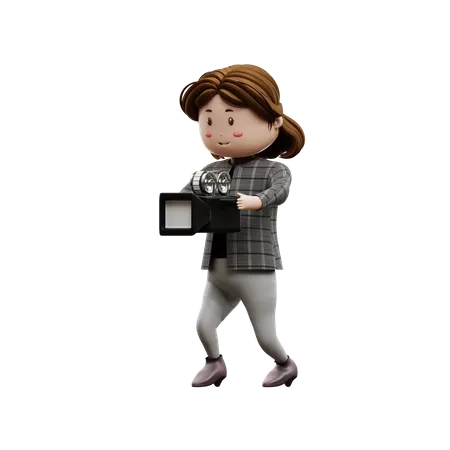 Junge Frau mit Filmkamera  3D Illustration